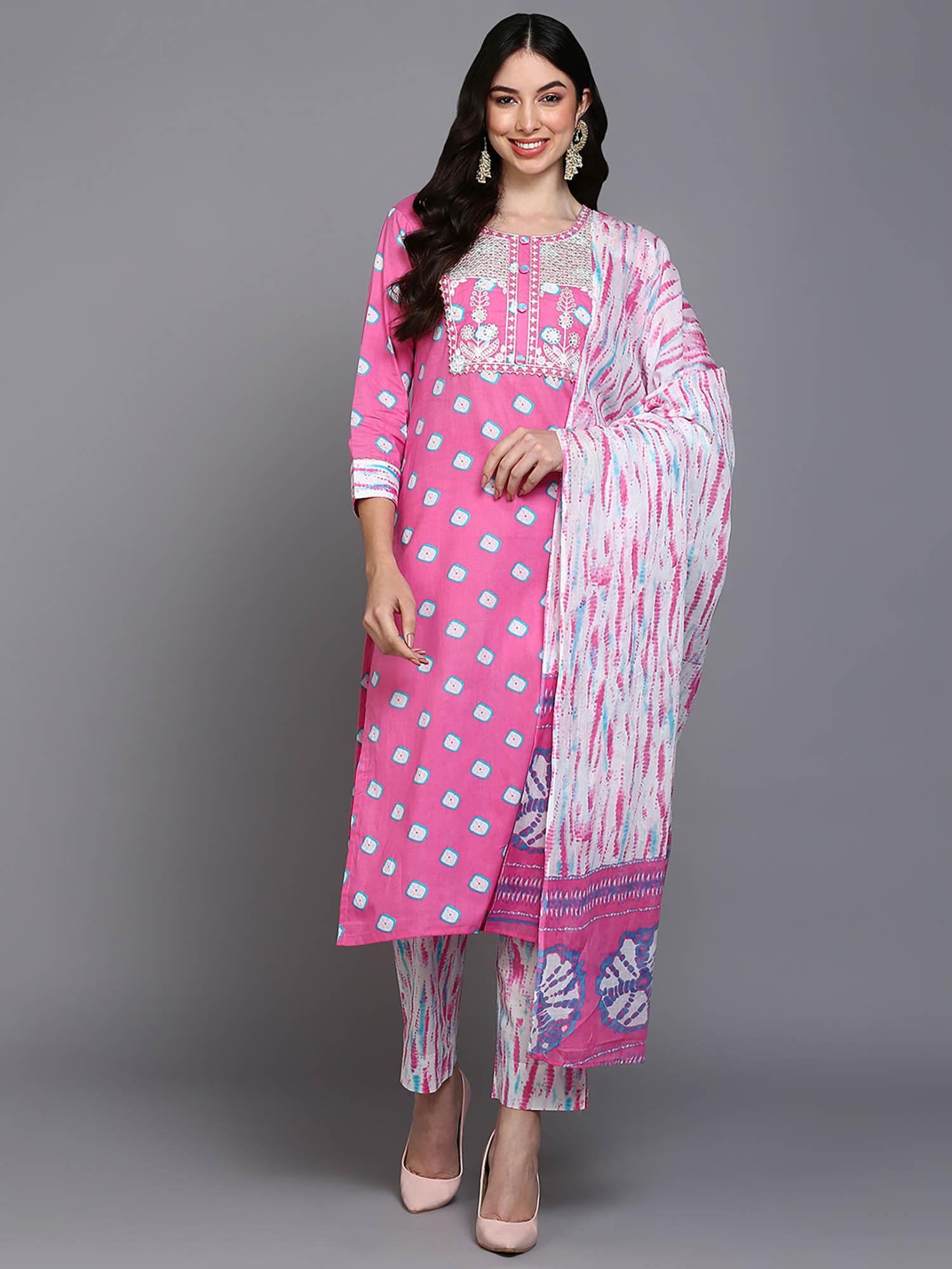 women pure cotton pink bandhani printed straight kurta and pant with dupatta (set of 3)