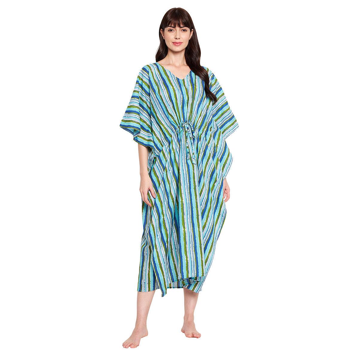 women pure cotton striped long kaftan cover up dress multi-color