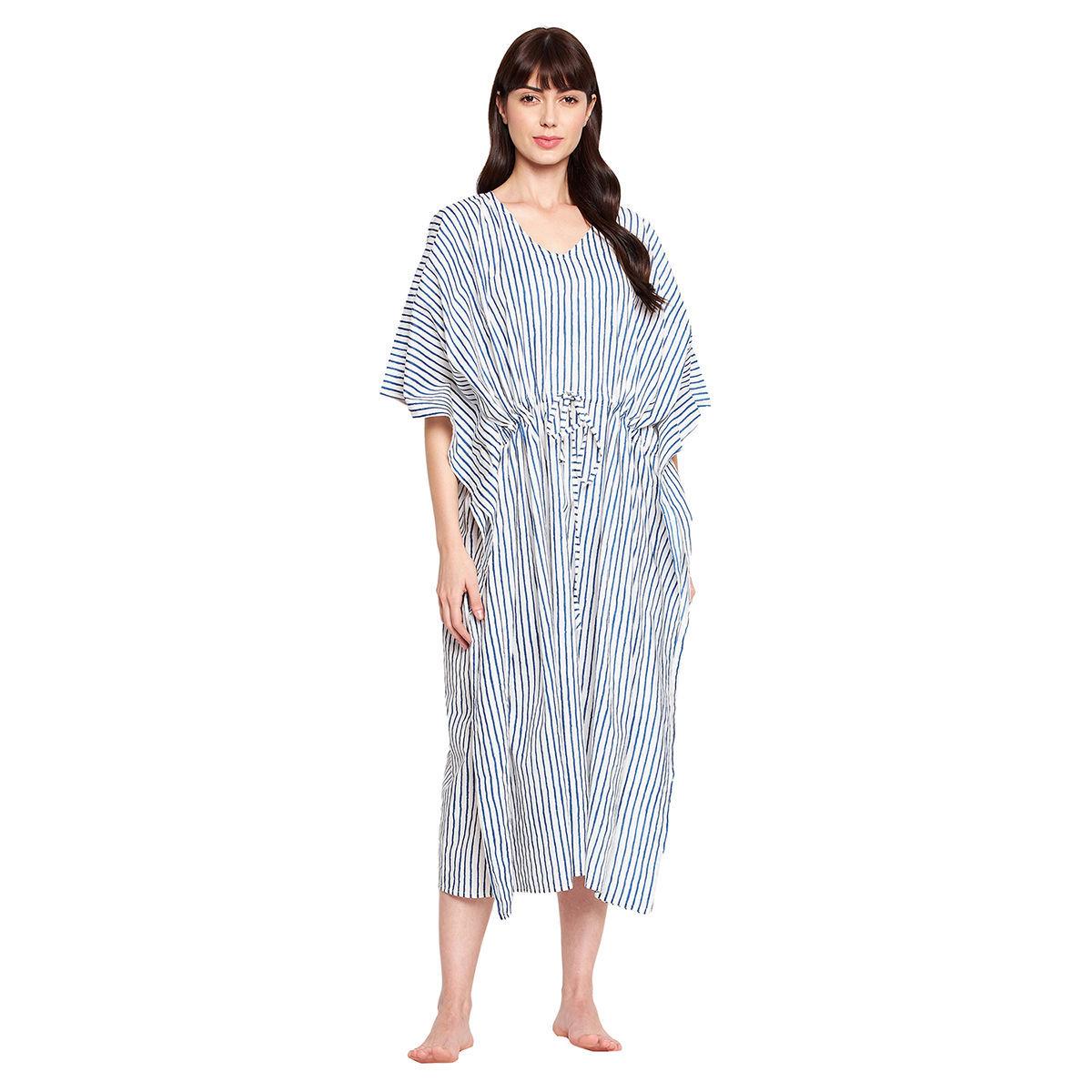 women pure cotton striped long kaftan cover up dress white