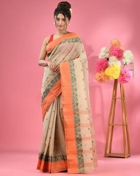 women pure cotton tant saree with contrast border