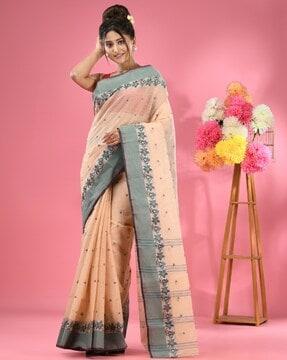 women pure cotton tant saree with contrast border