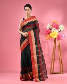 women pure cotton tant saree with temple border