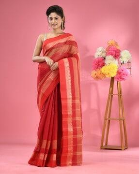 women pure cotton tant saree with temple border