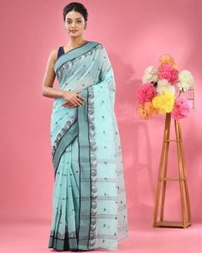 women pure cotton tant saree with woven motifs