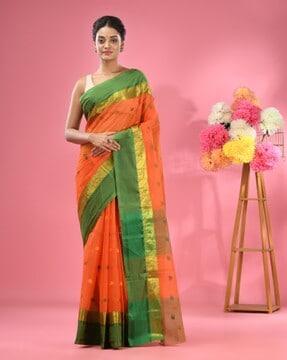 women pure cotton tant saree with zari border