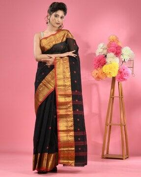 women pure cotton tant saree with zari border