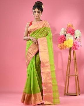 women pure cotton tant saree with zari border