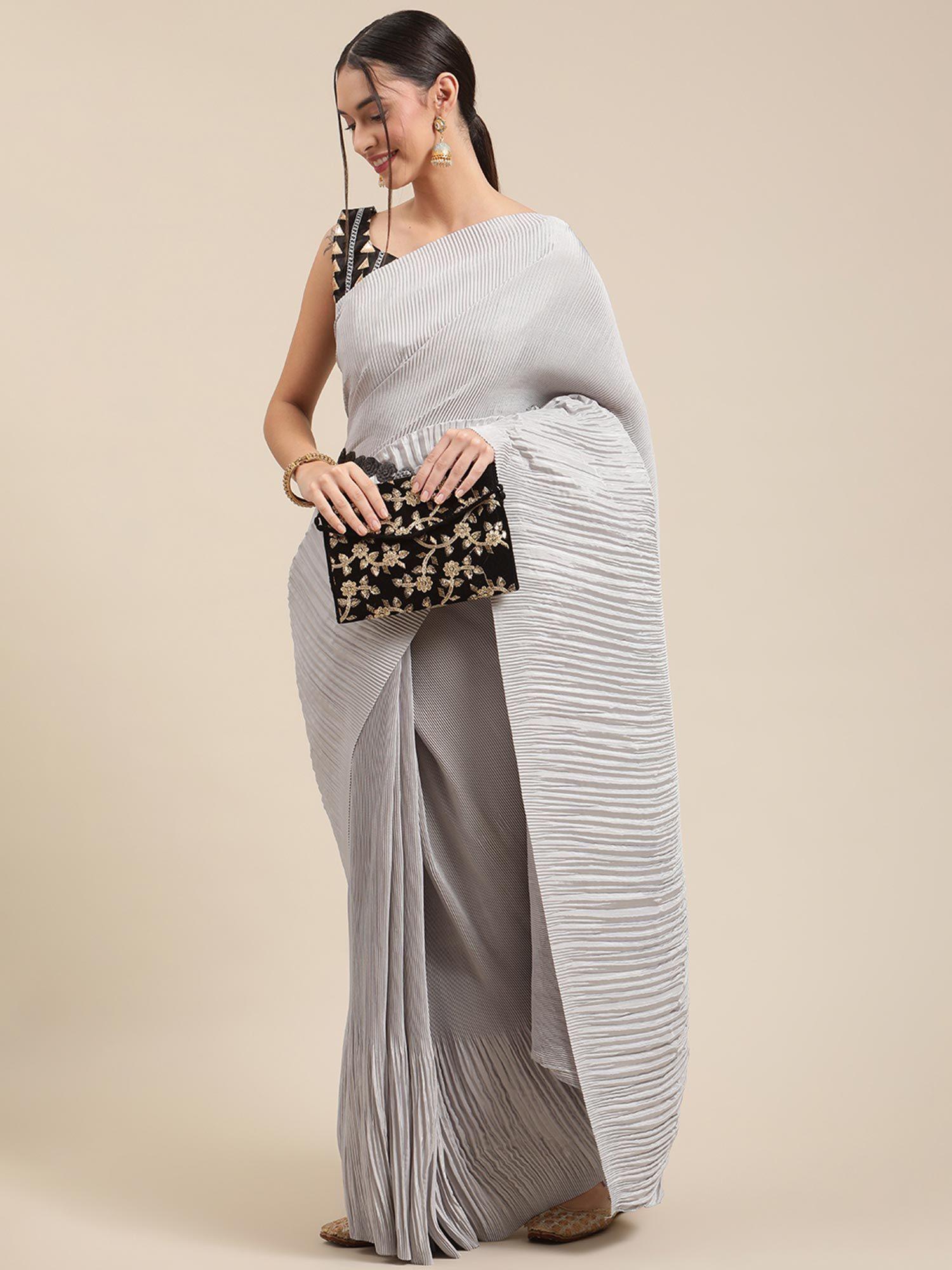 women pure crepe grey solid belted sarees with unstitched blouse piece