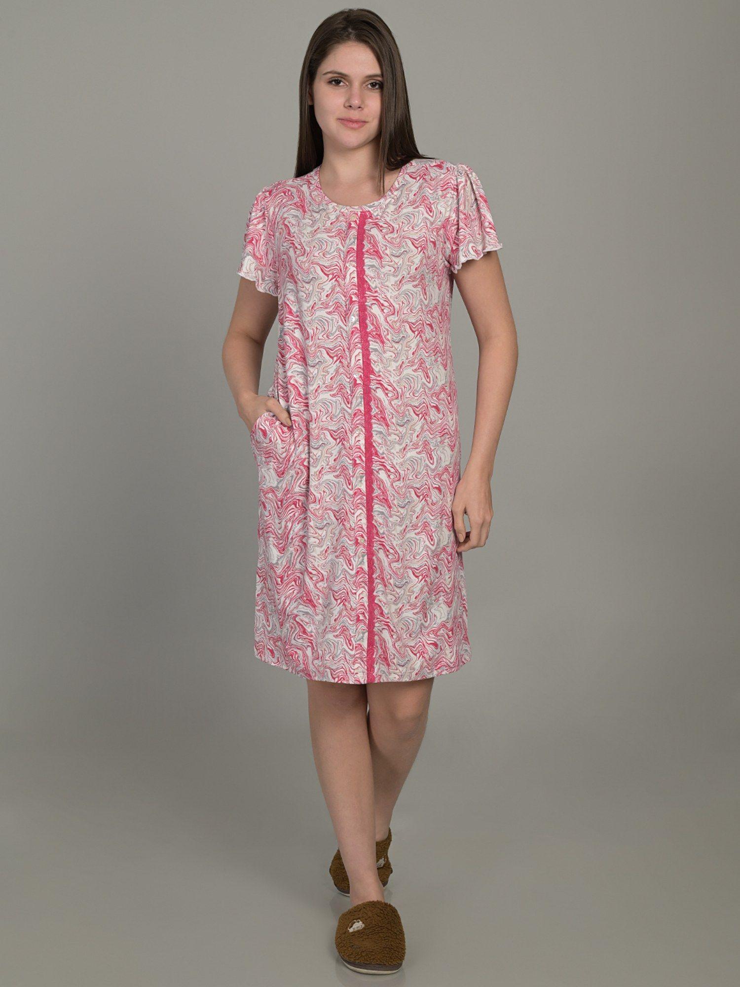 women pure poly brush printed round neck pink half sleeve short nightdress