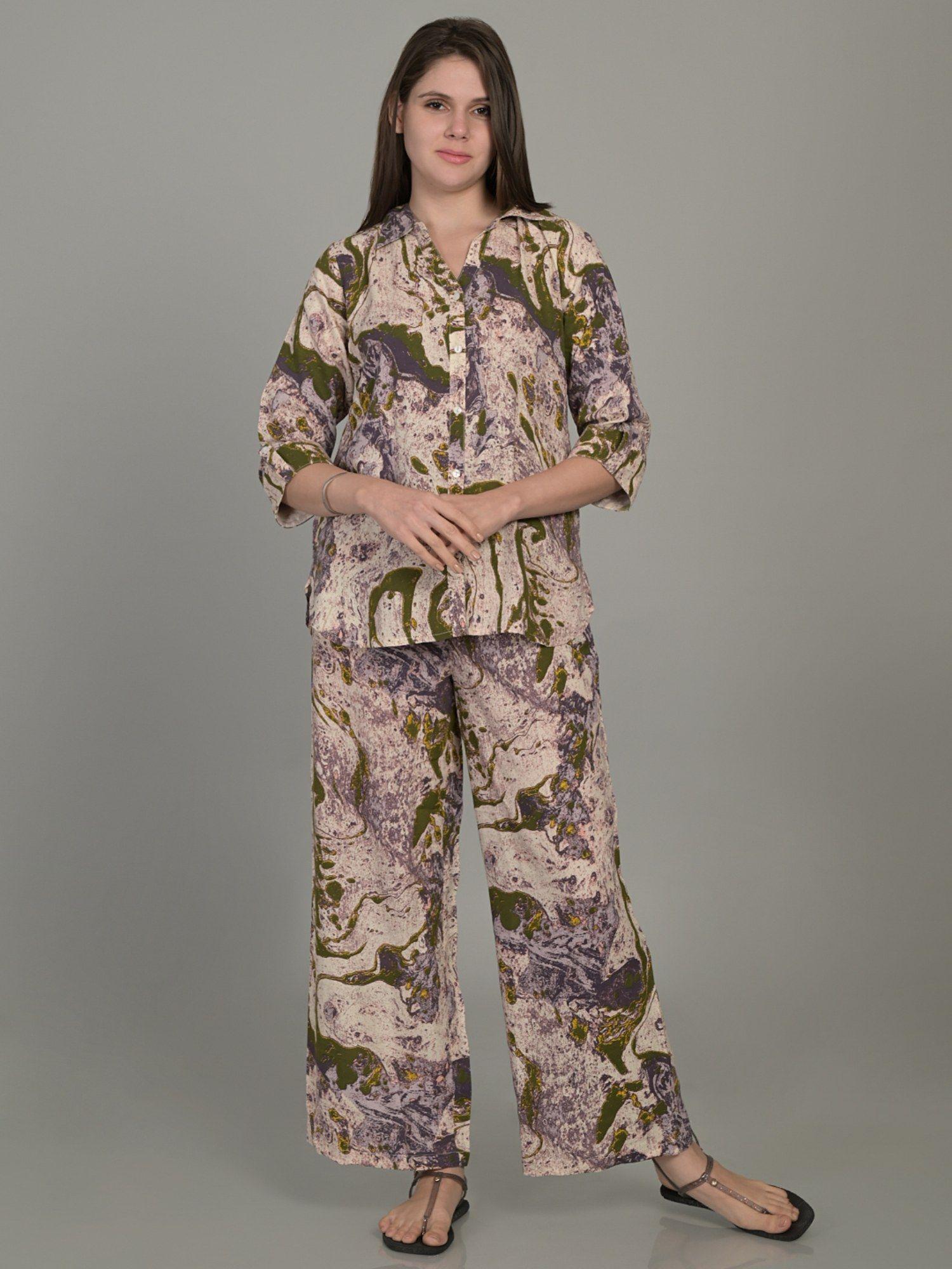 women pure rayon printed collared multi-color printed shirt with pyjama (set of 2)