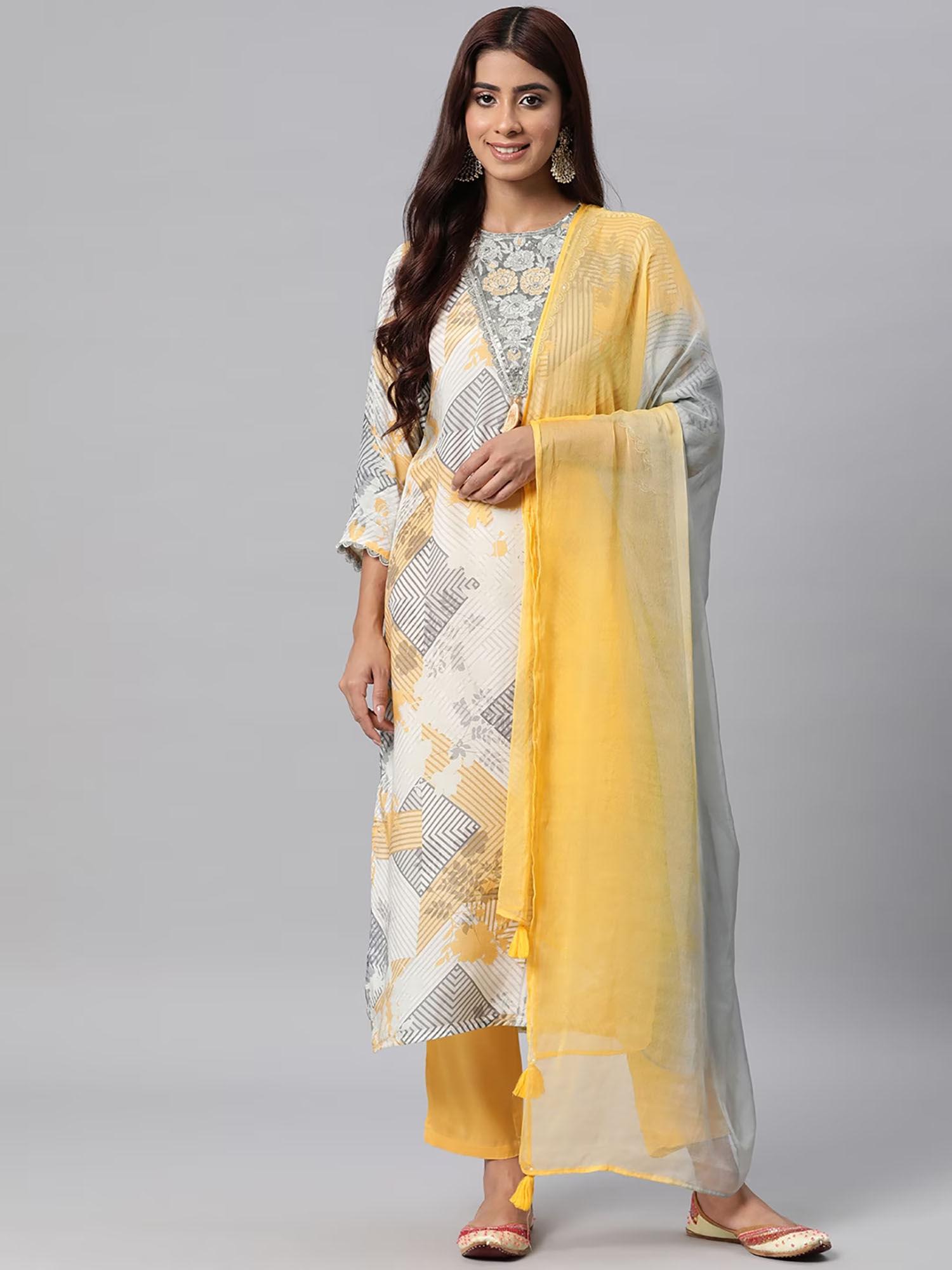 women pure silk printed straight kurta with pant & dupatta-grey (set of 3)