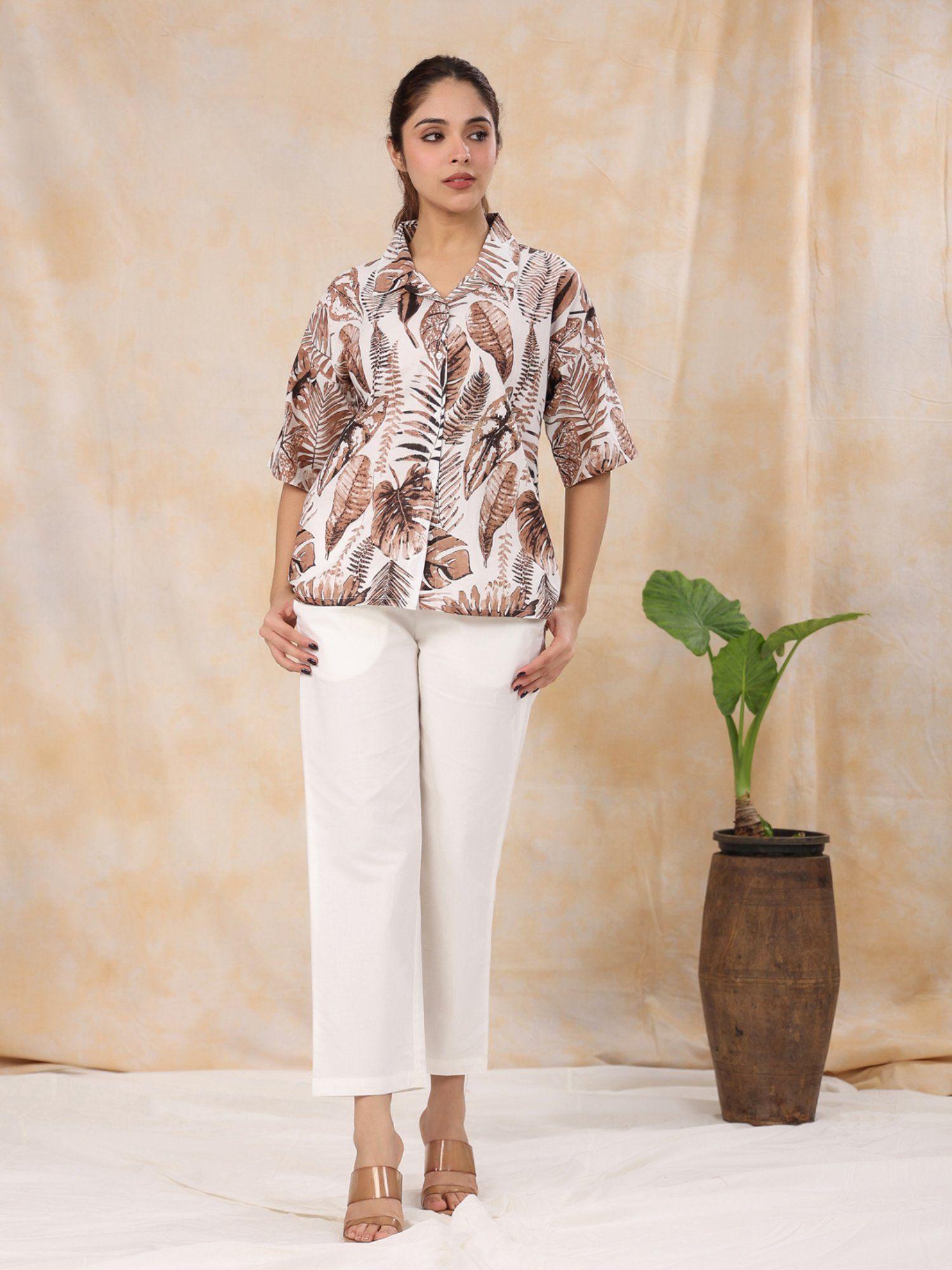 women pure woven cotton brown shirt with pant (set of 2)