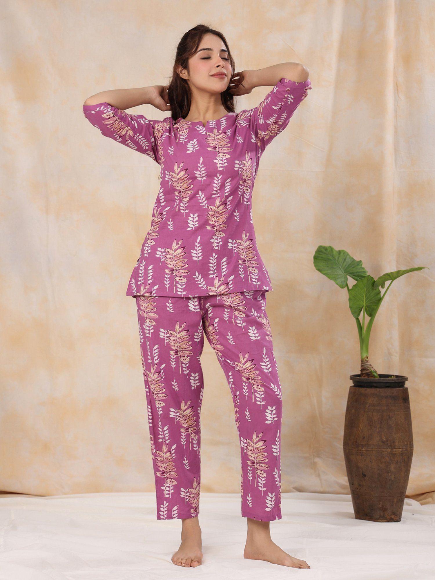 women pure woven cotton purple top with pant (set of 2)