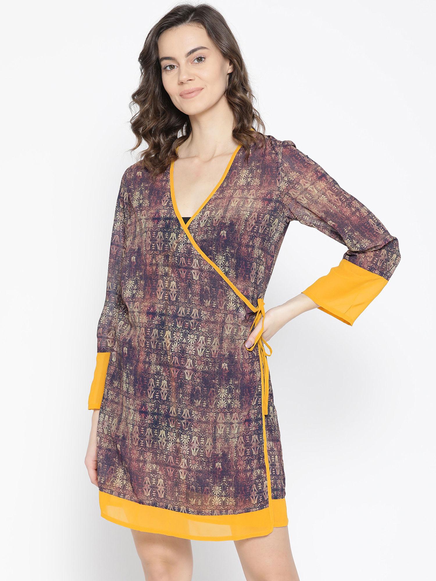 women purple & cream-coloured printed knee length sheer robe