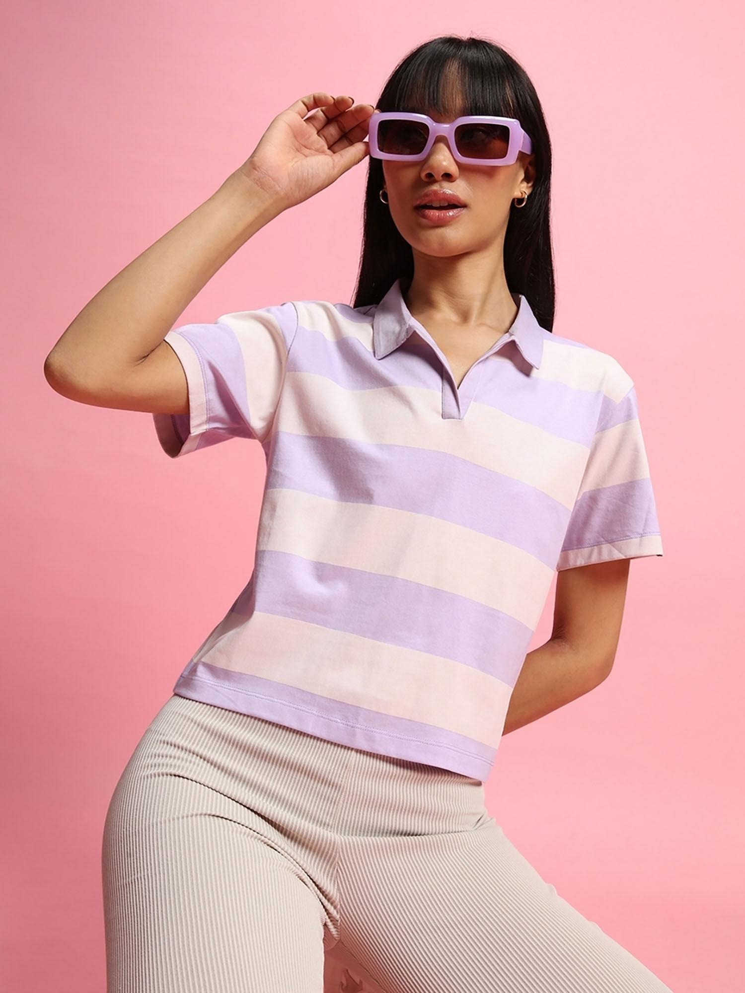 women purple & pink stripe polo t-shirt