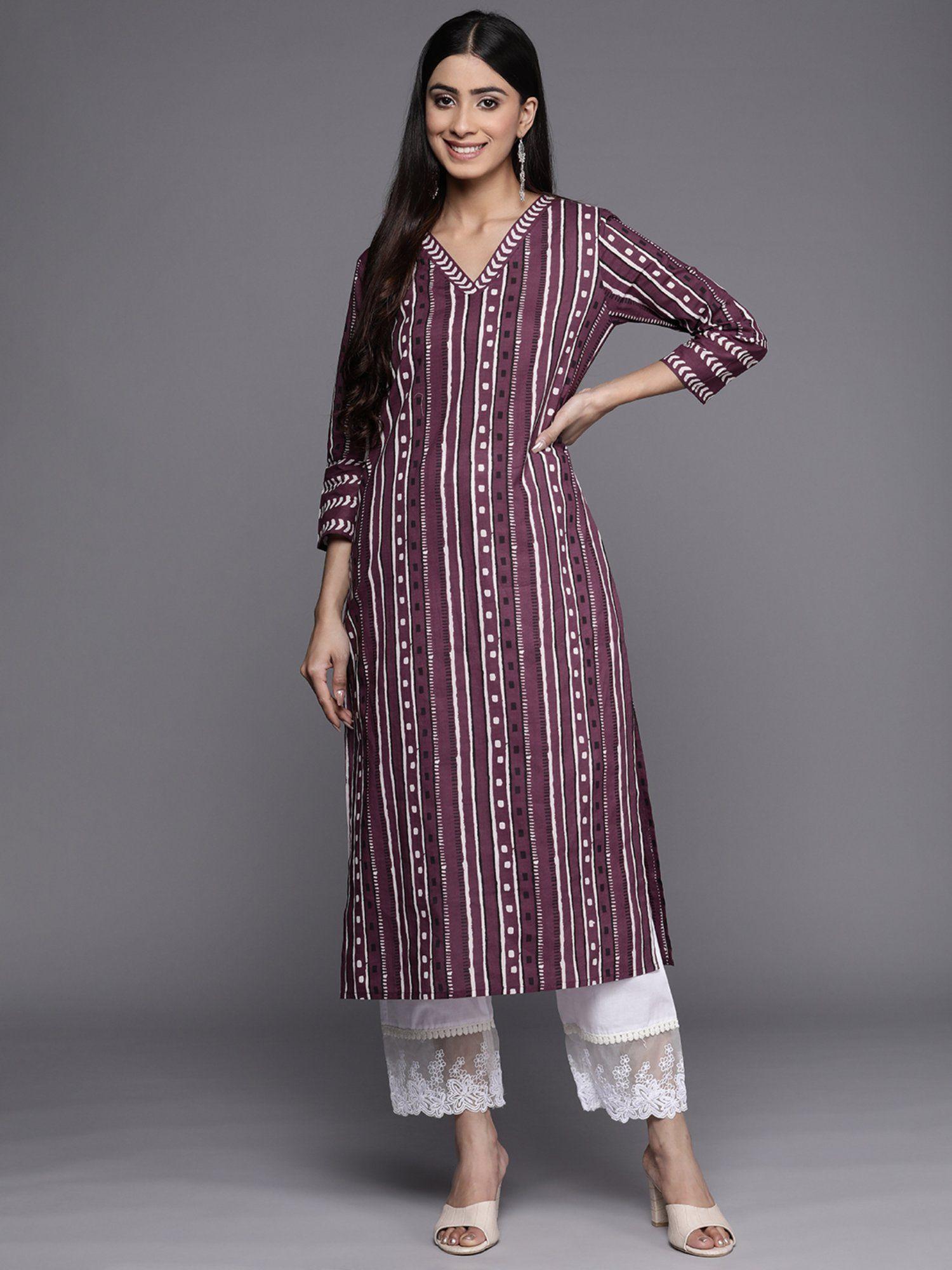 women purple & white printed kurta