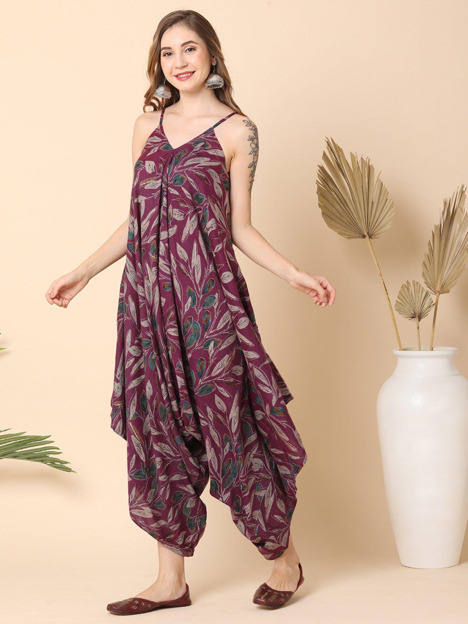 women purple all over printed dhoti style jumpsuit