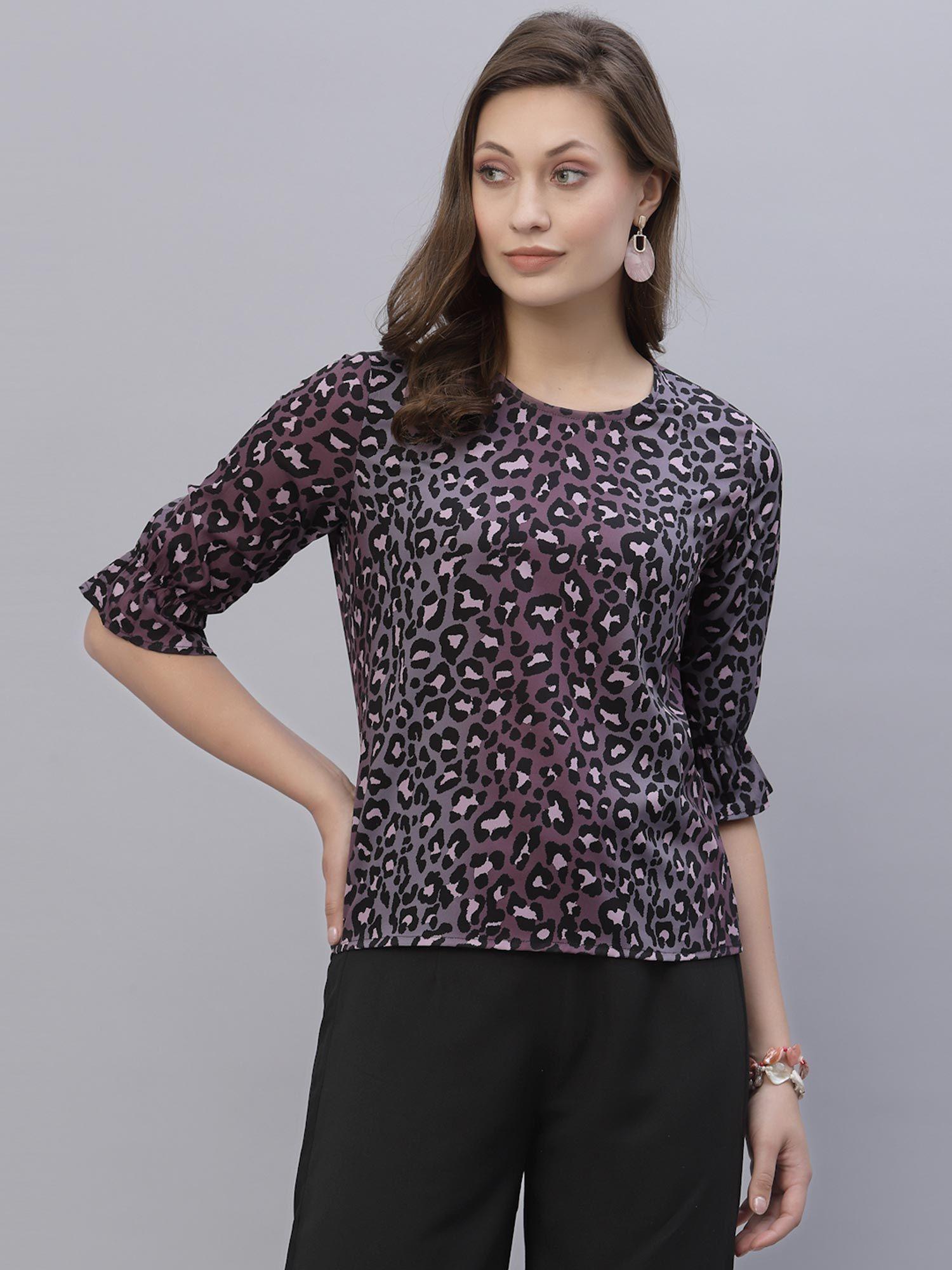 women purple and black animal printed polyester smart casual top