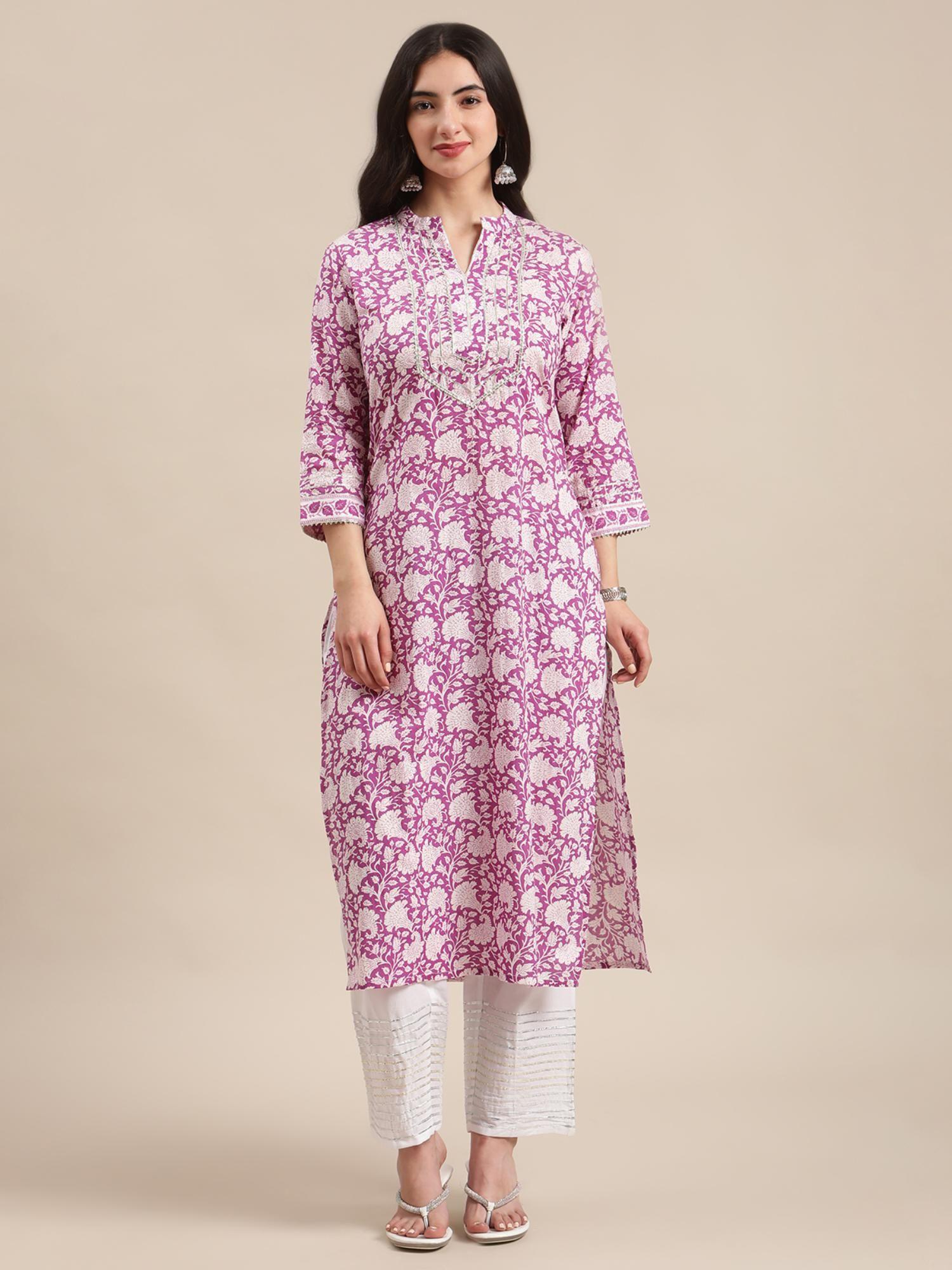 women purple and white floral printed gota embellished straight kurta