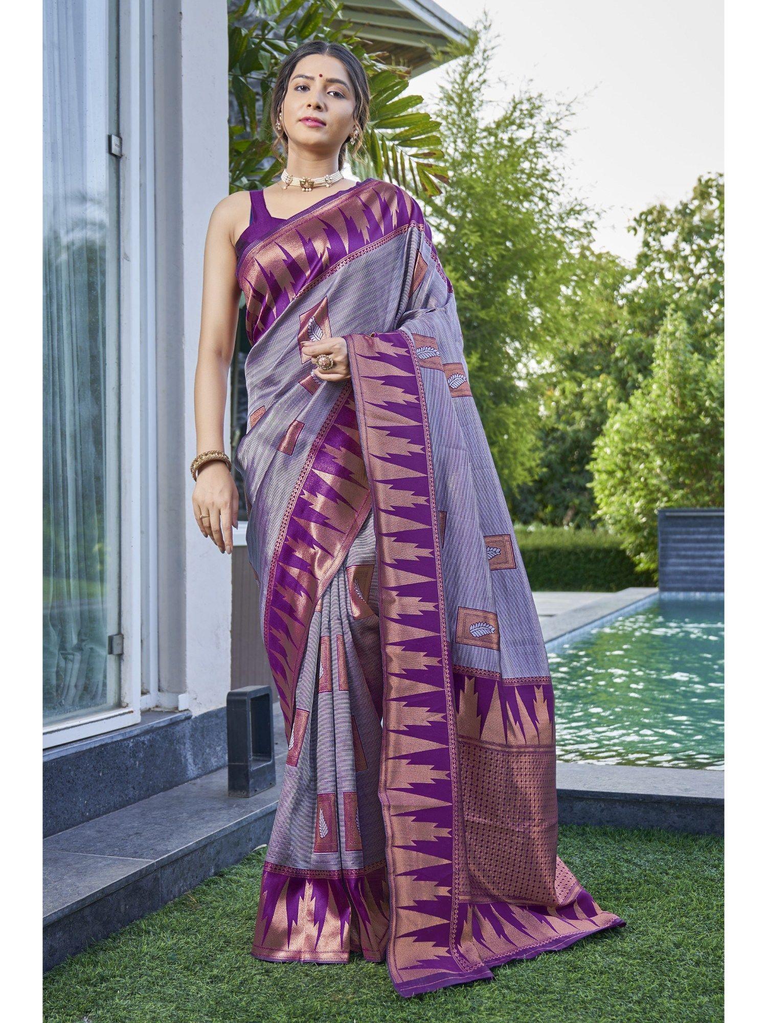 women purple banarasi silk zari woven saree with unstitched blouse