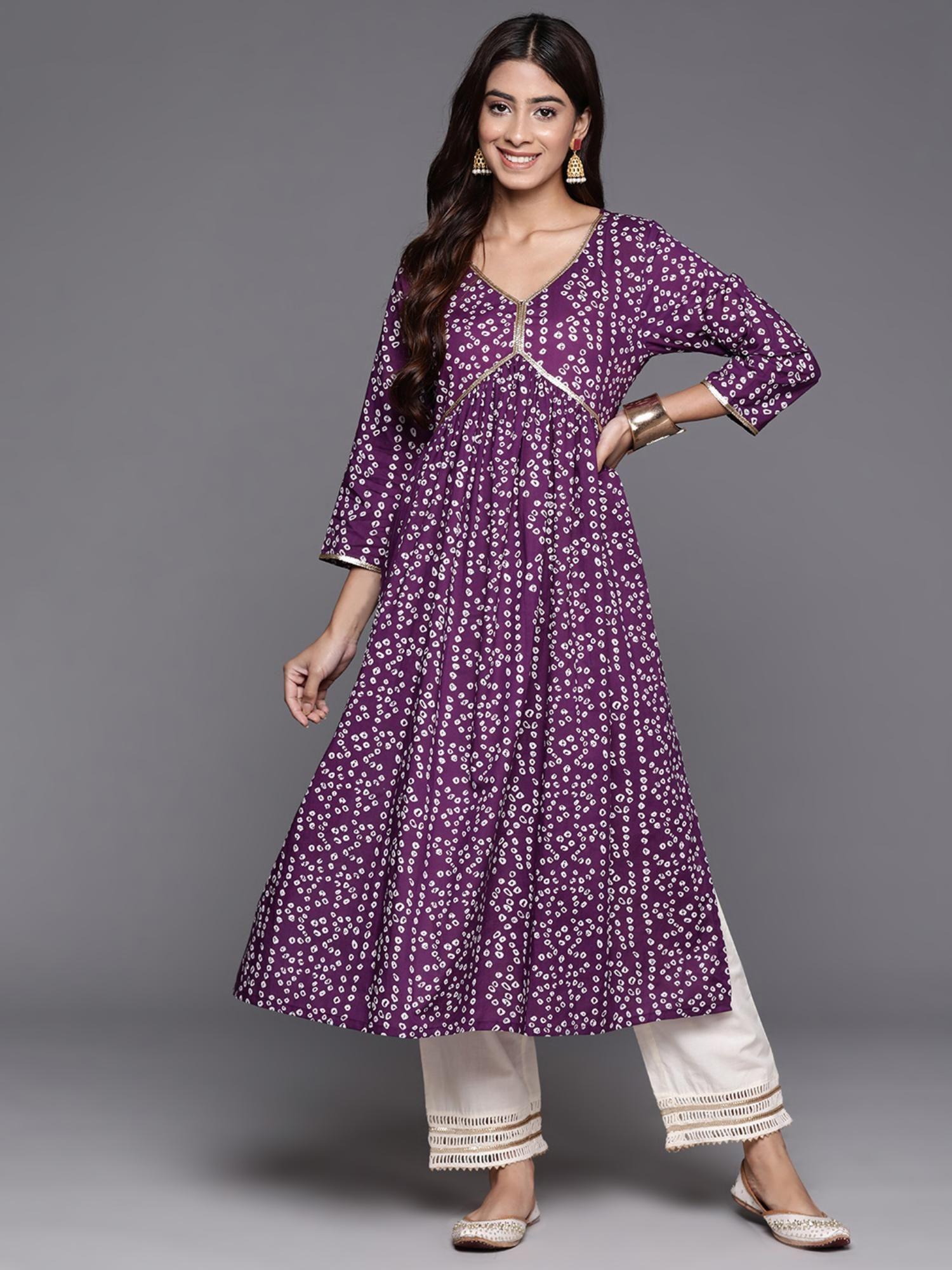 women purple bandhani print v-neck with sequin lace detail a line kurta