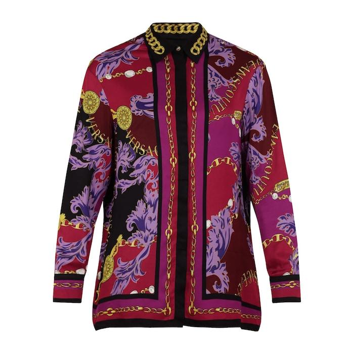 women purple baroque and vjc chain print shirt