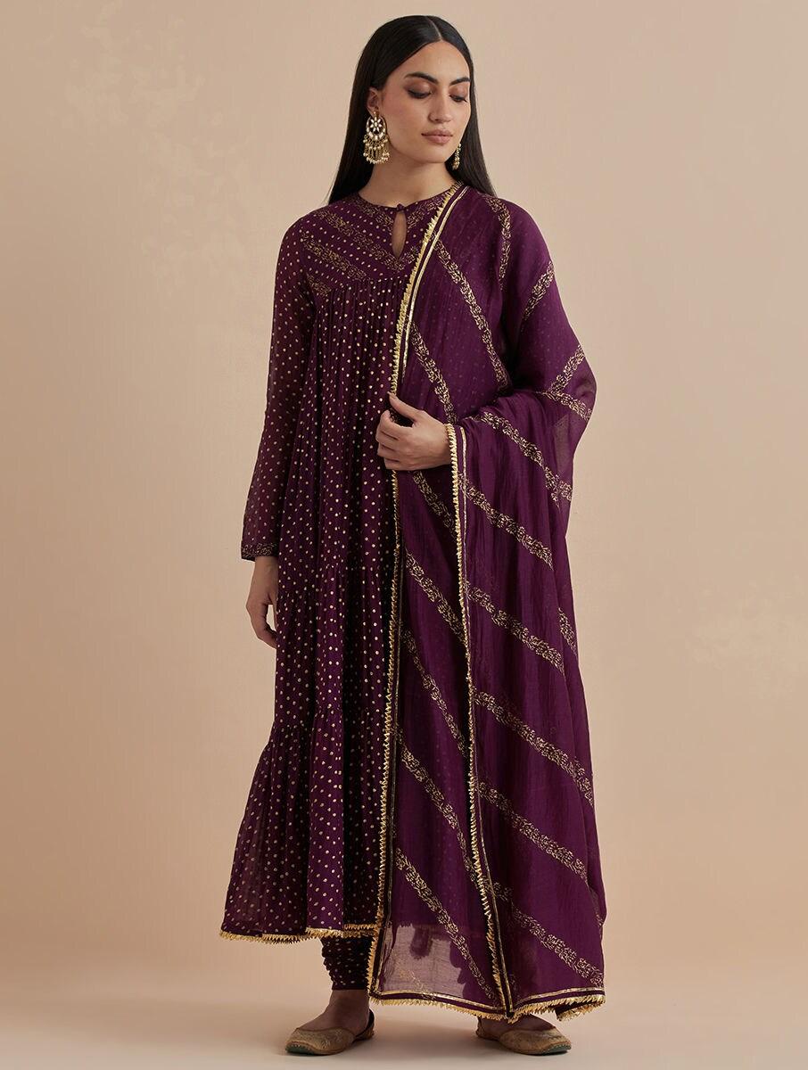 women purple chanderi silk printed keyhole neck anarkali kurta , churidar & dupatta