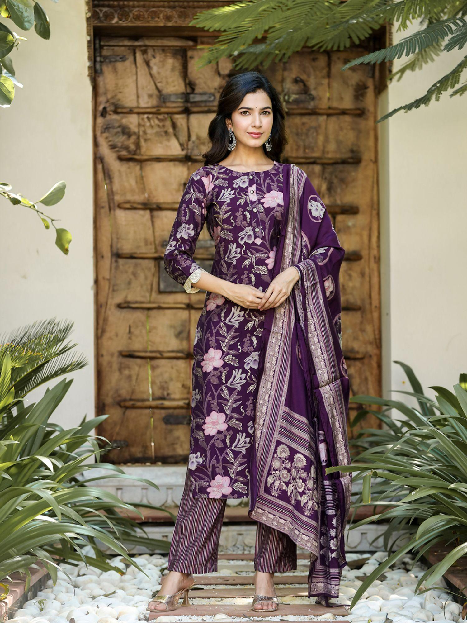 women purple chanderi silk straight kurta pants and dupatta (set of 3)