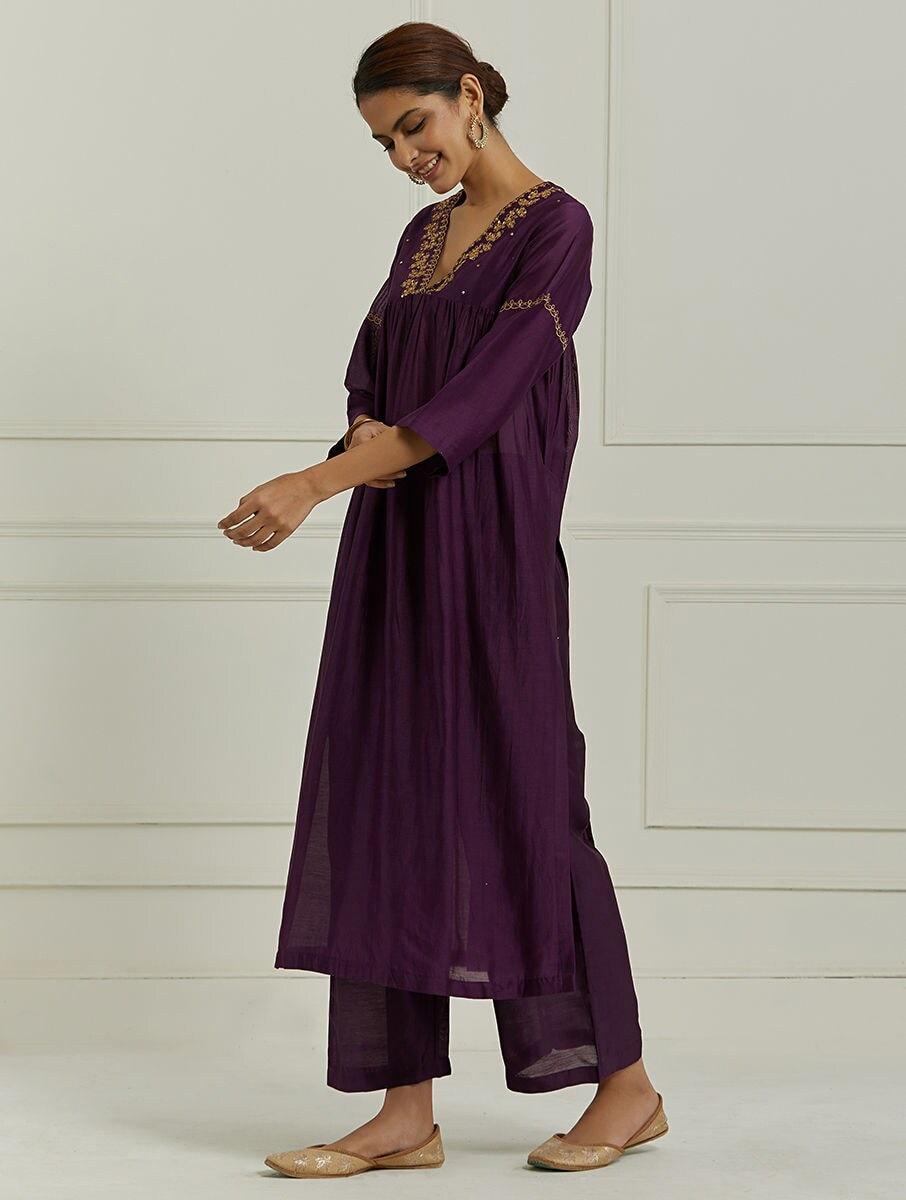 women purple chanderi solid full length regular fit pants