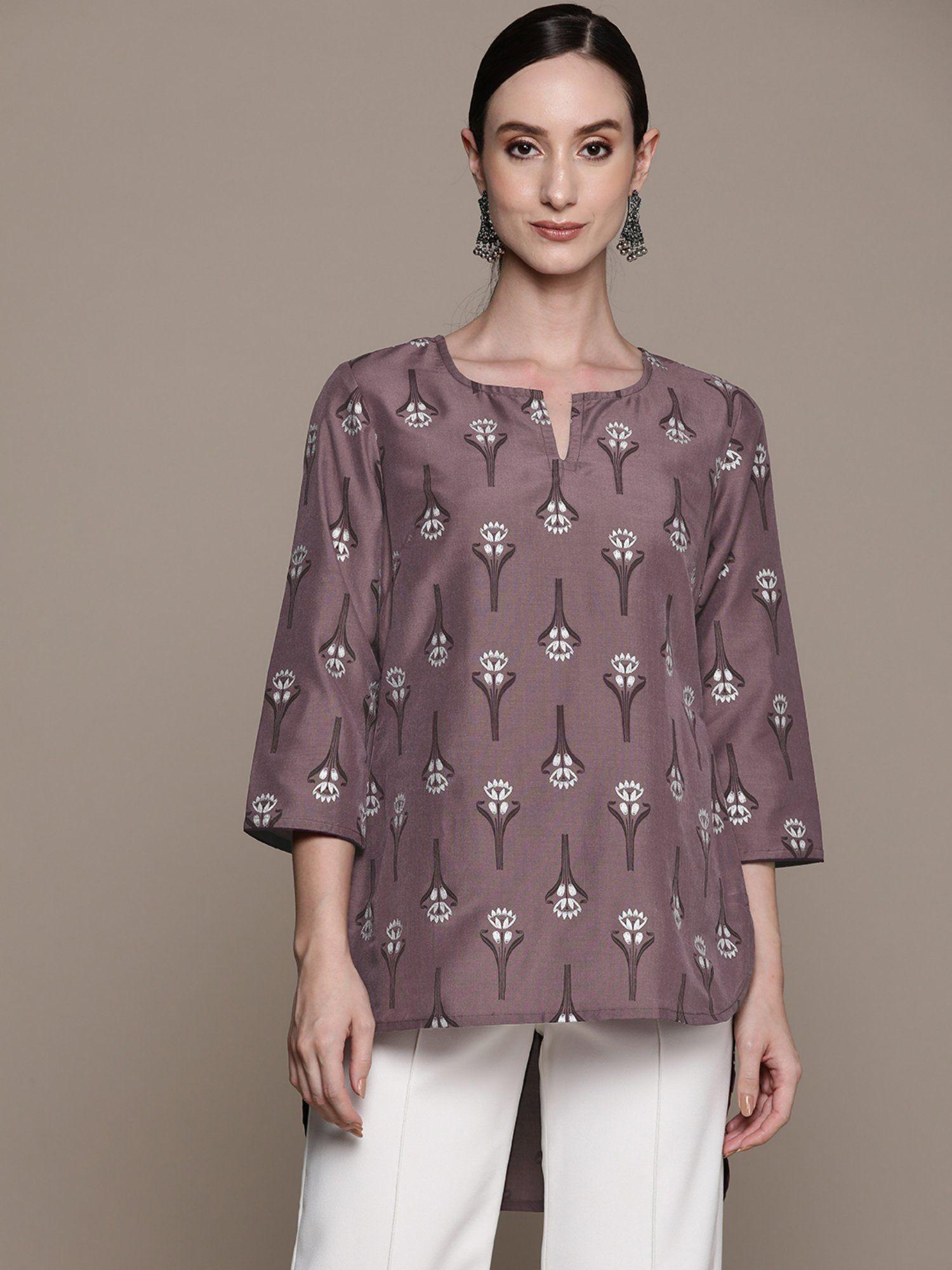 women purple chinon printed tunic