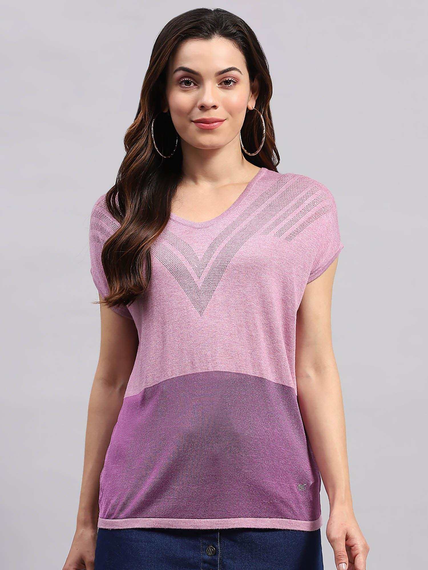 women purple colorblock half sleeves v-neck top