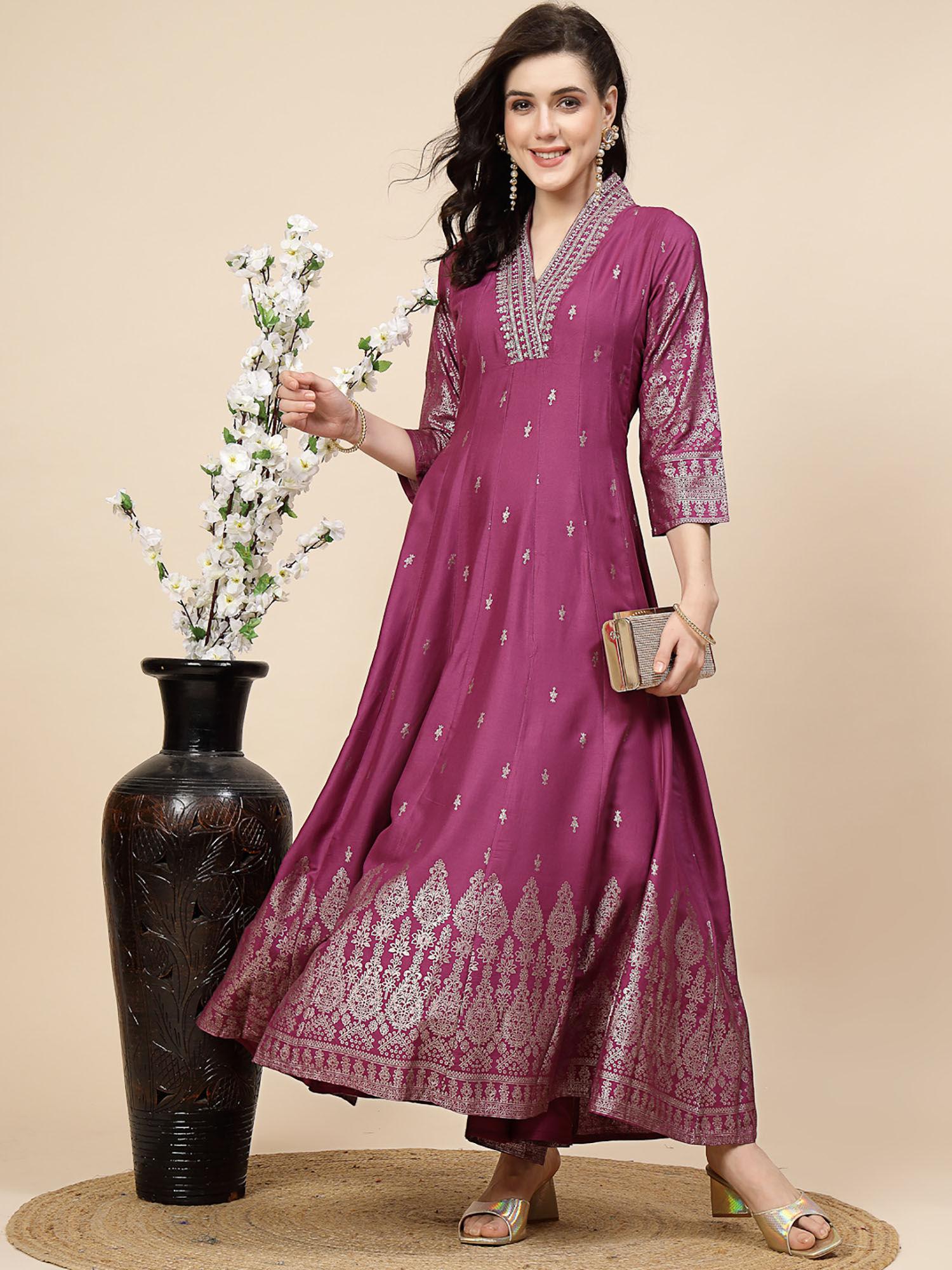 women purple colour embroidered anarkali maxi dress