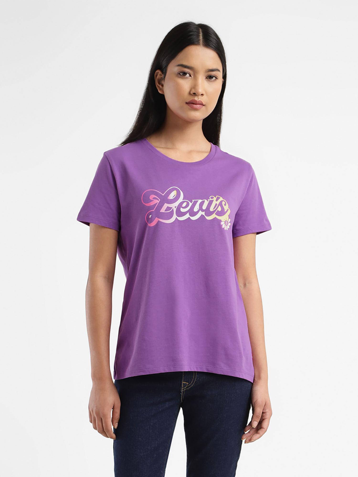 women purple cotton crew neck solid t-shirt