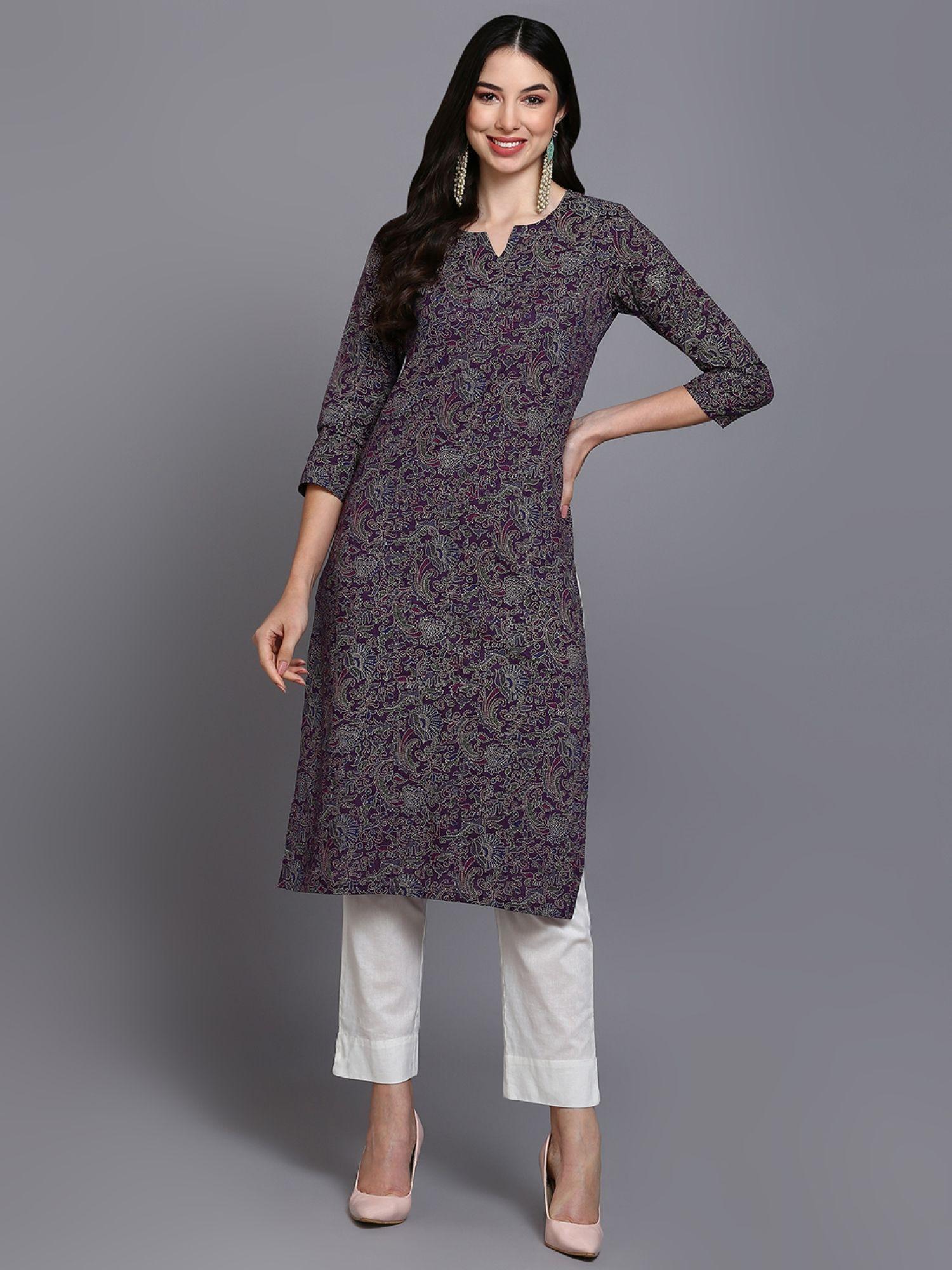 women purple cotton ethnic motifs printed kurta (vck8567a)