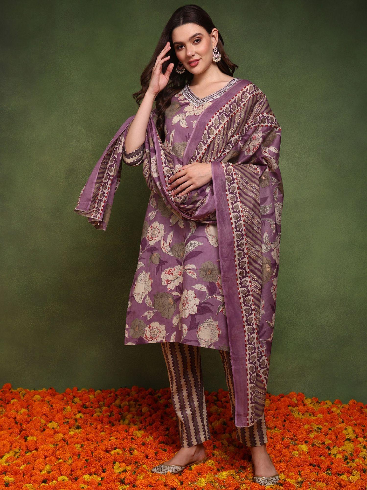 women purple cotton floral printed straight kurta with pant and dupatta (set of 3)
