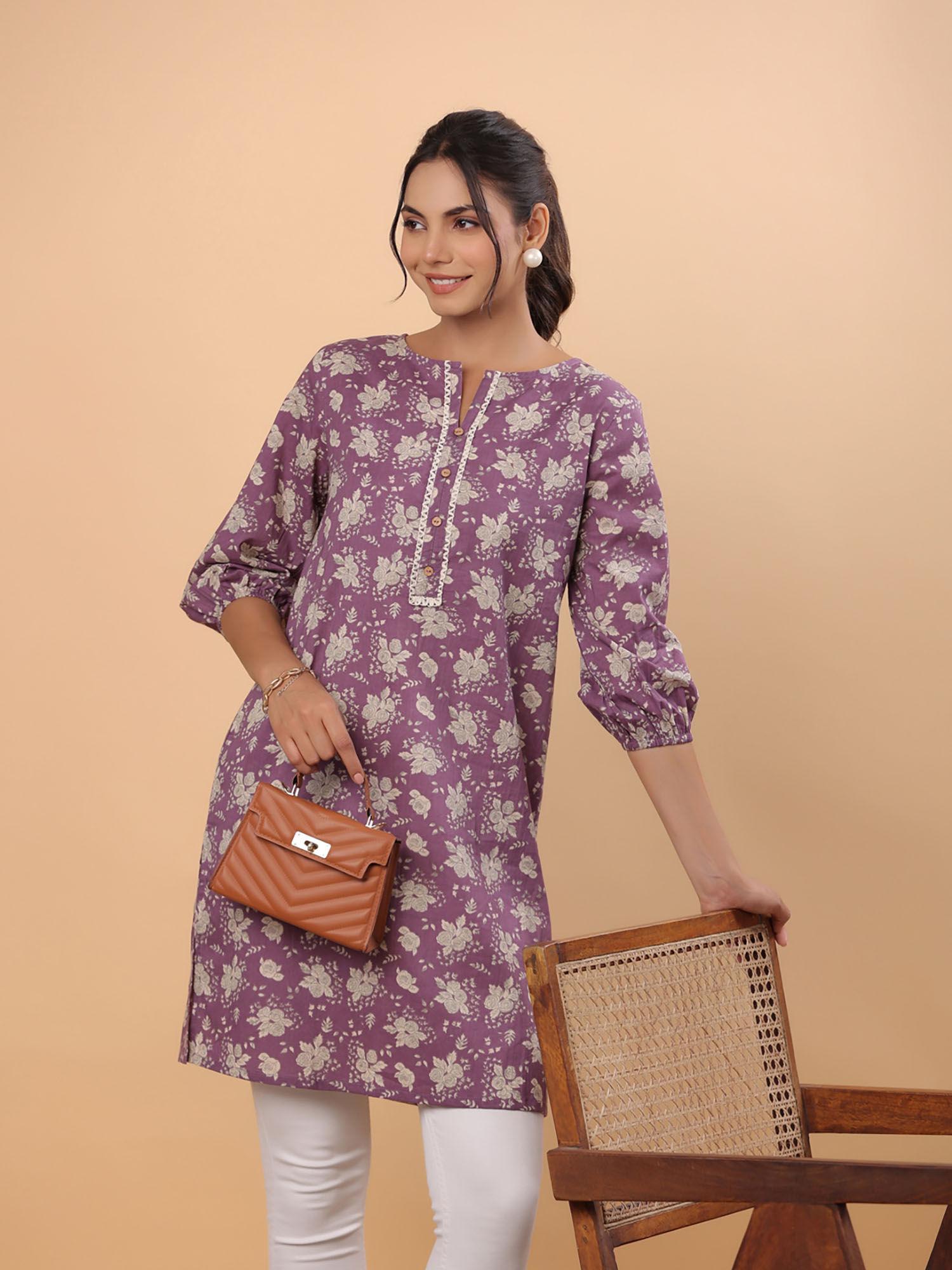 women purple cotton floral tunic