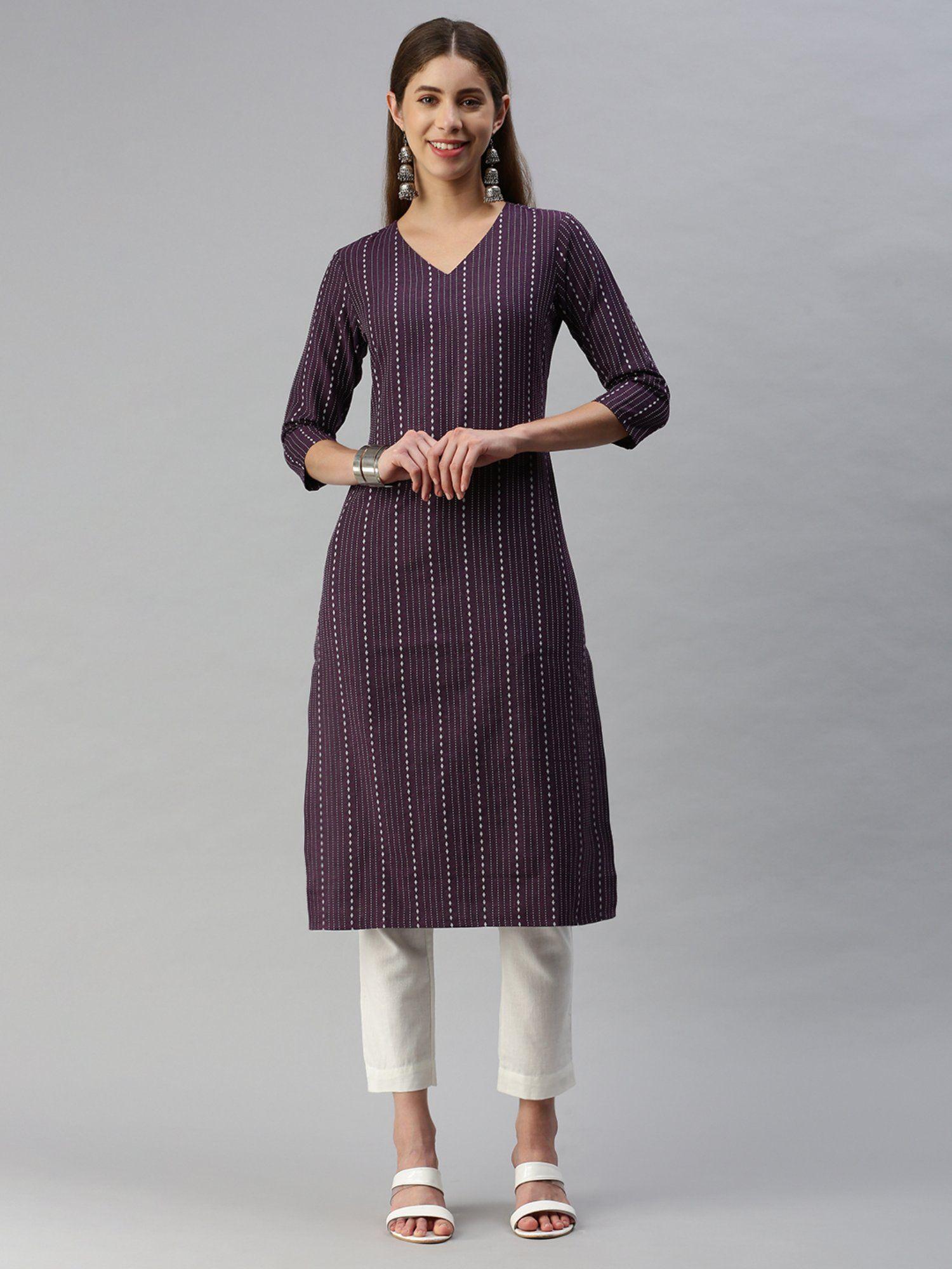 women purple cotton self design woven kurta