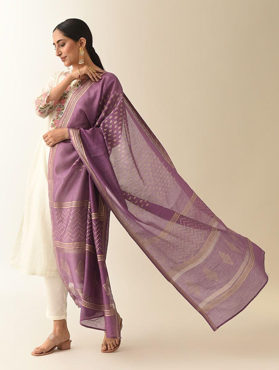 women purple cotton silk block print dupatta