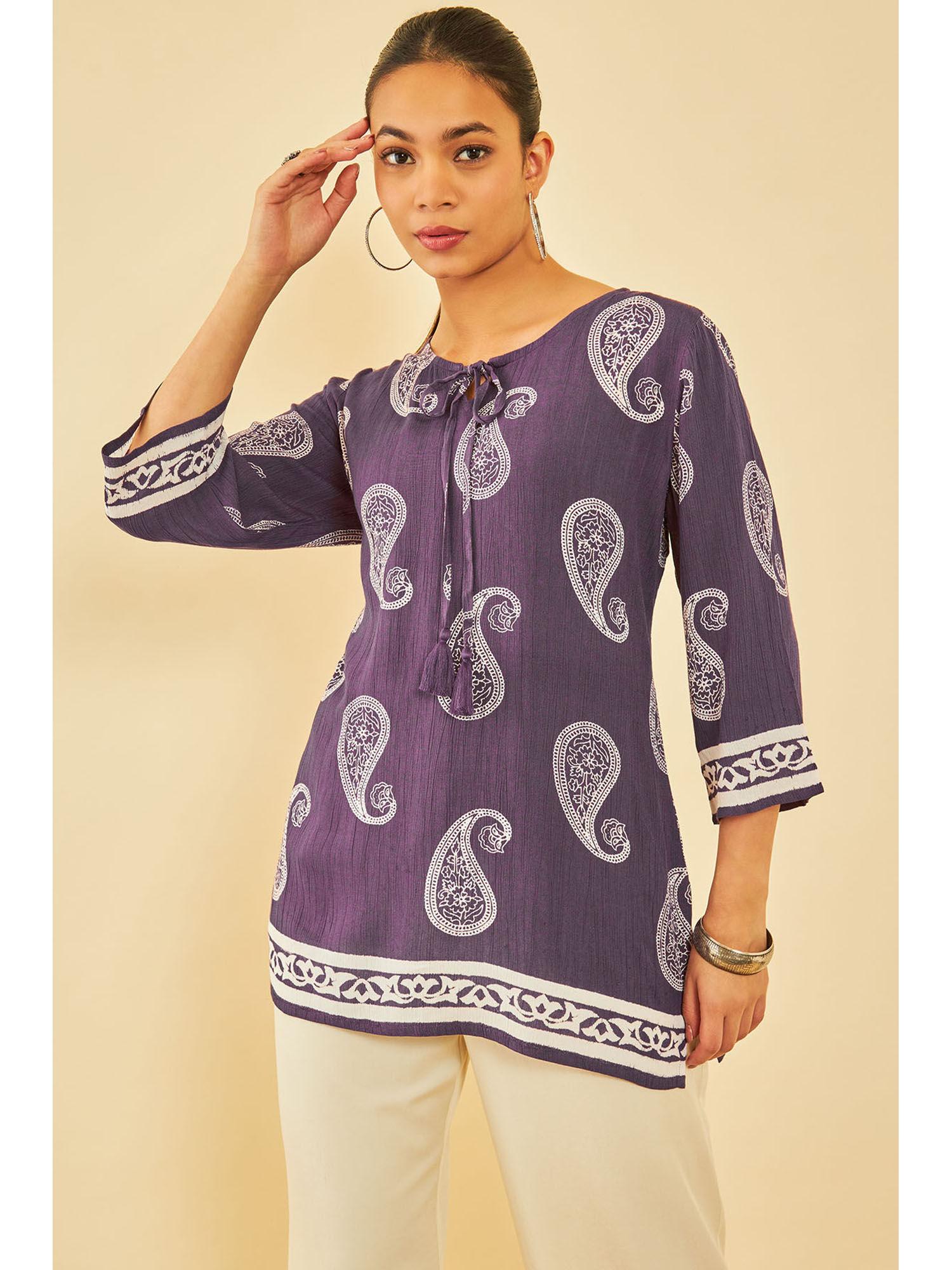 women purple crepe paisley tunic