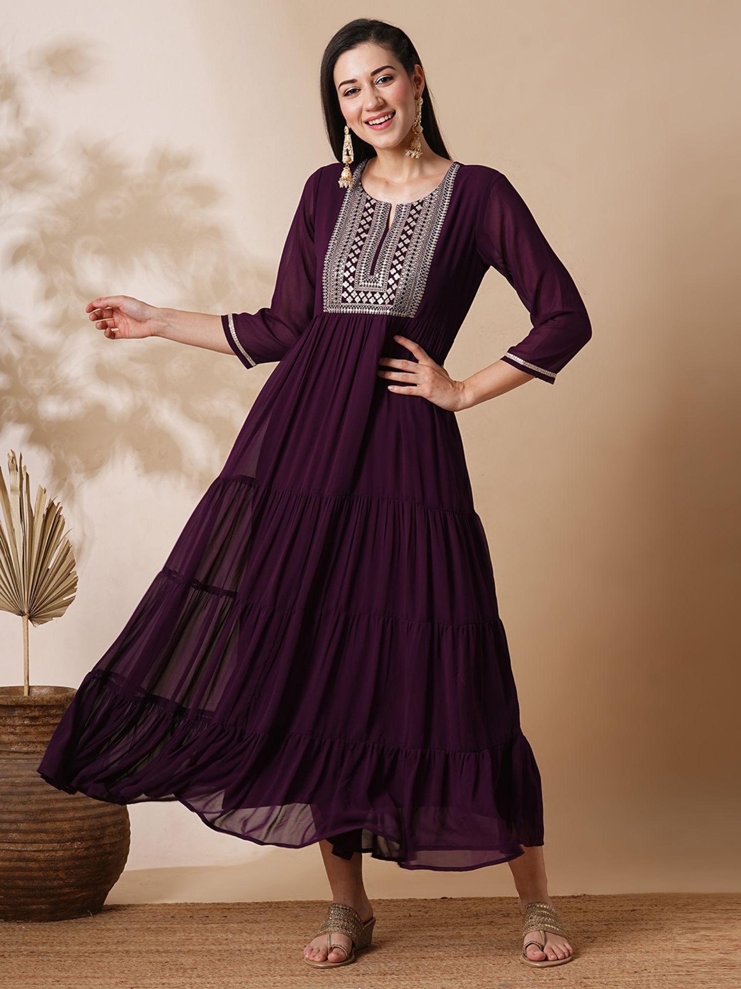 women purple embroidered & sequinned yoke fit & flare tiered festive maxi dress