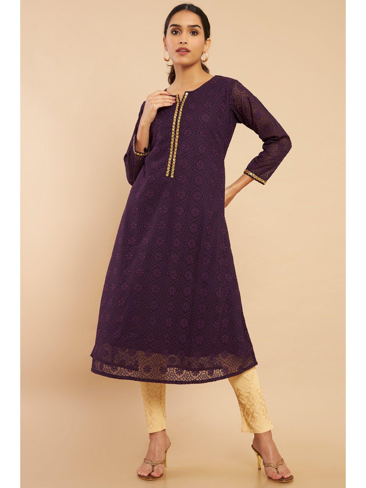 women purple embroidered kurta