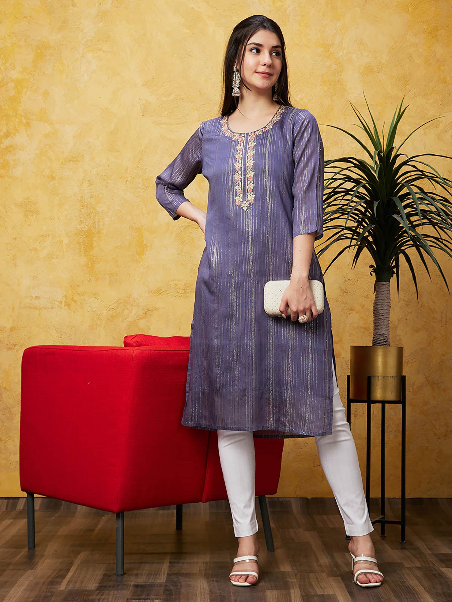 women purple ethnic motifs three fourth sleeves straight kurta