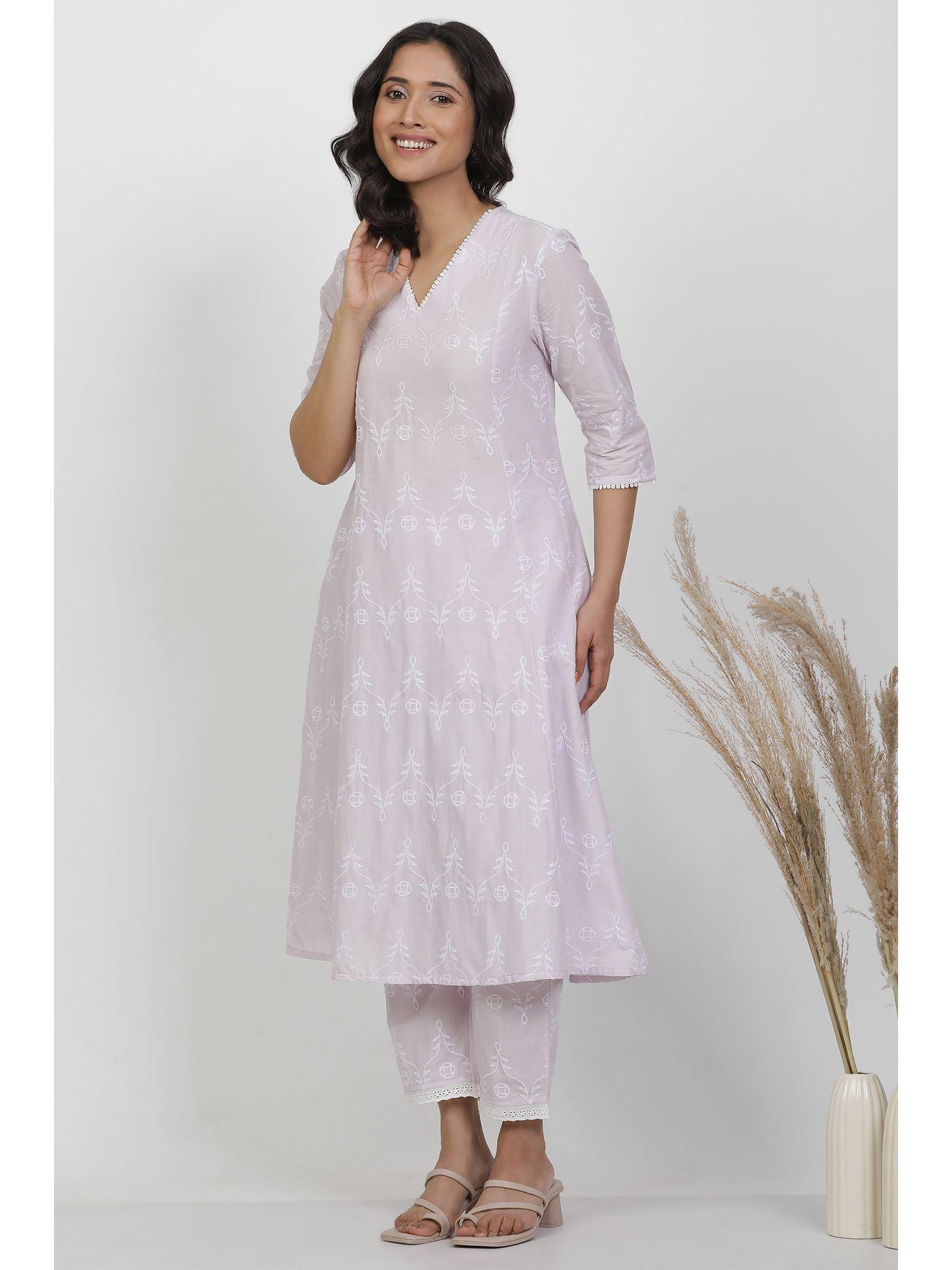 women purple floral print cotton flared kurta