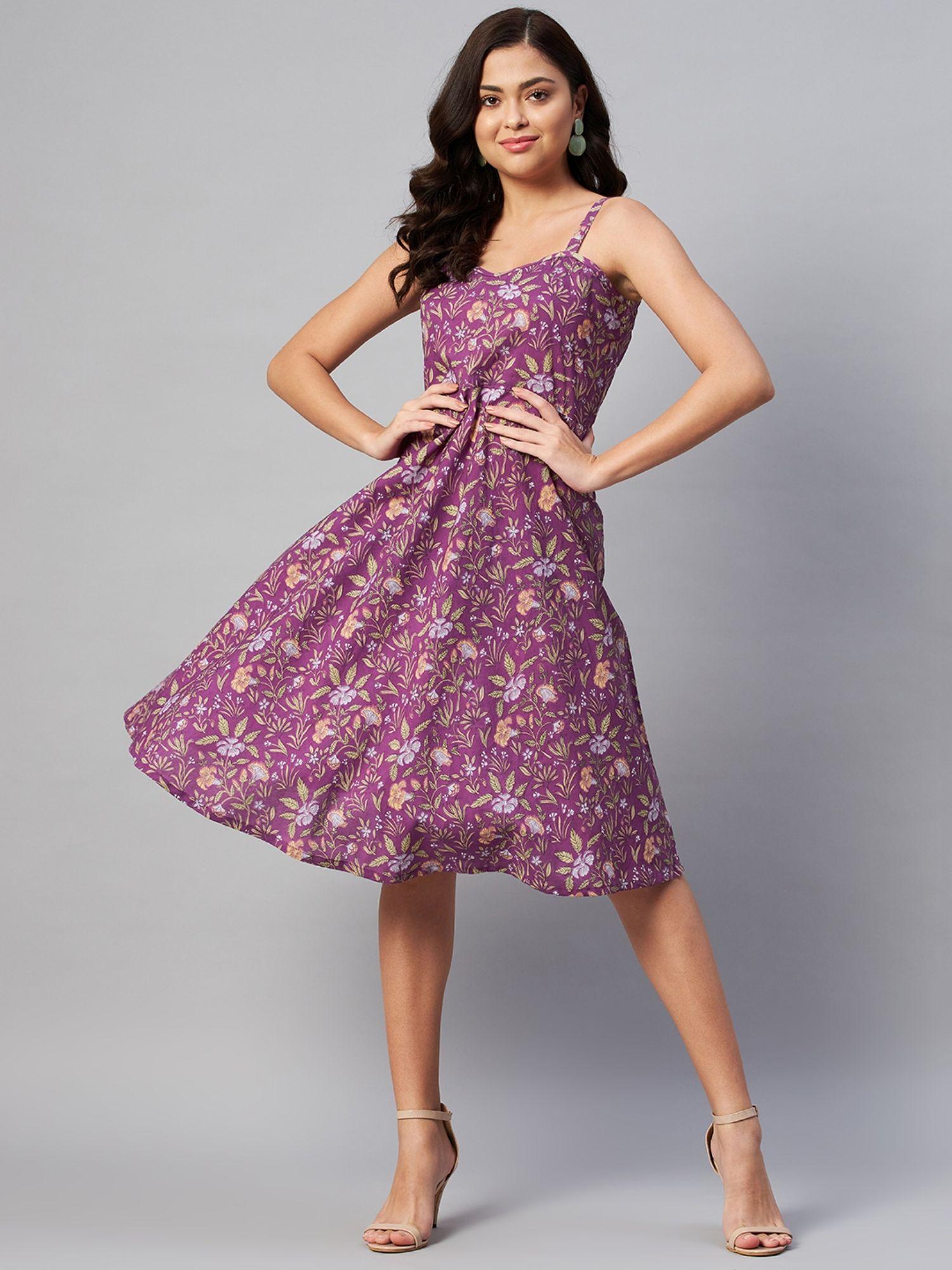 women purple floral printed knee length dress