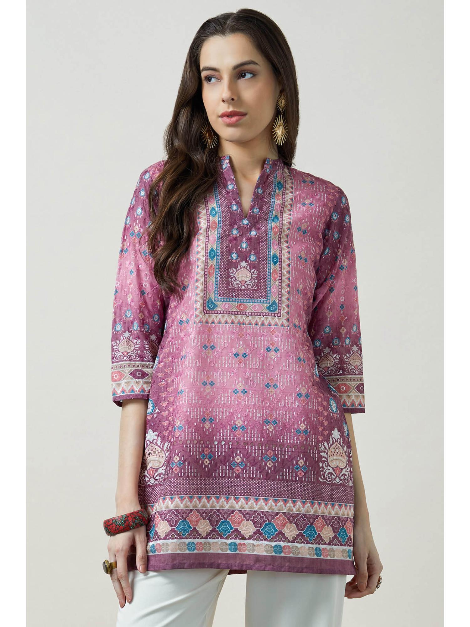 women purple floral printed regular fit cotton kurti