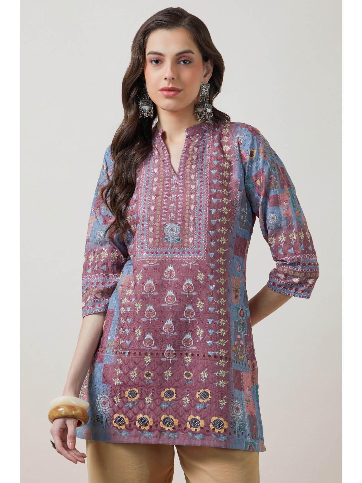 women purple floral printed regular fit cotton kurti