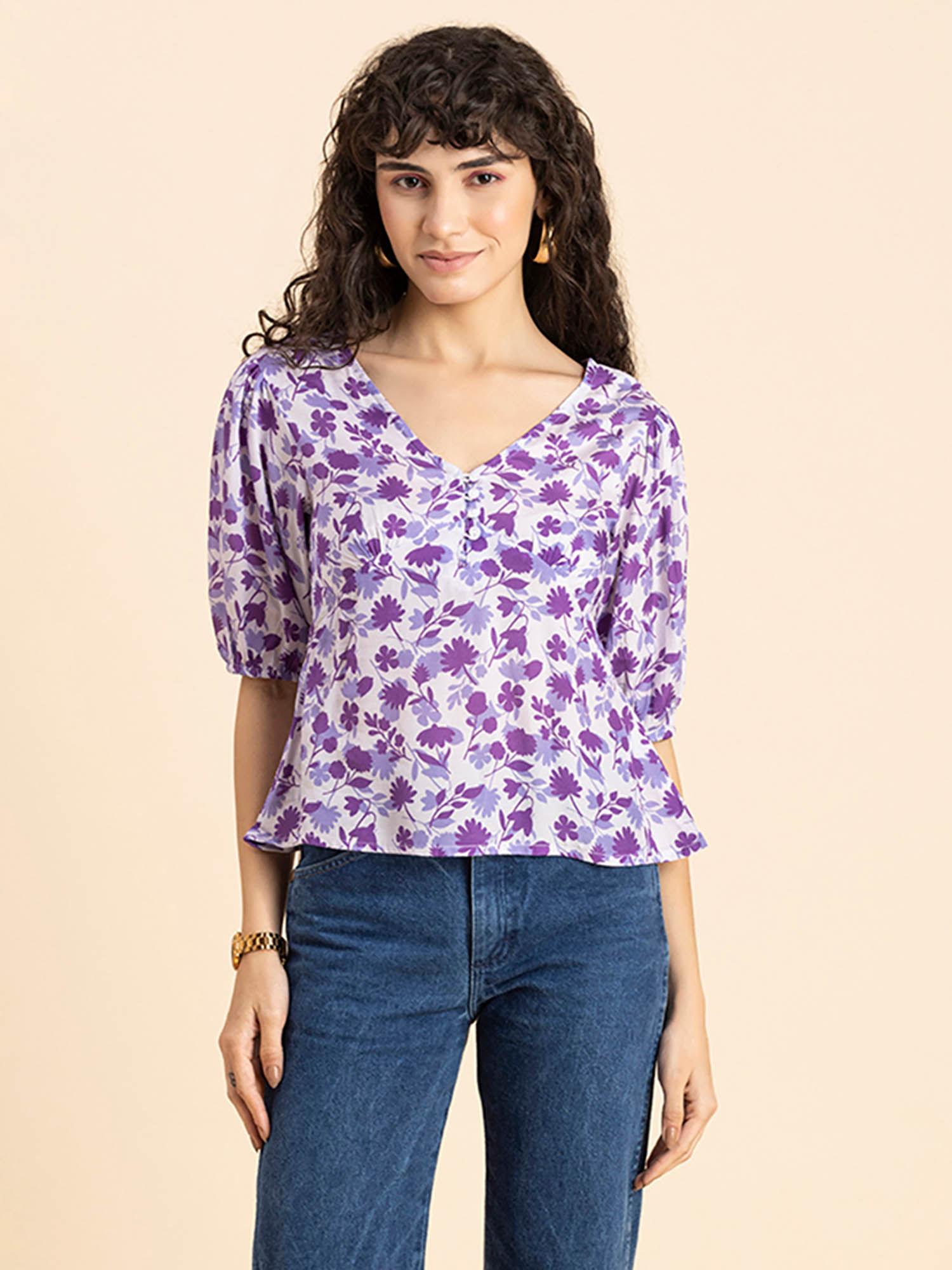 women purple floral v-neck viscose top