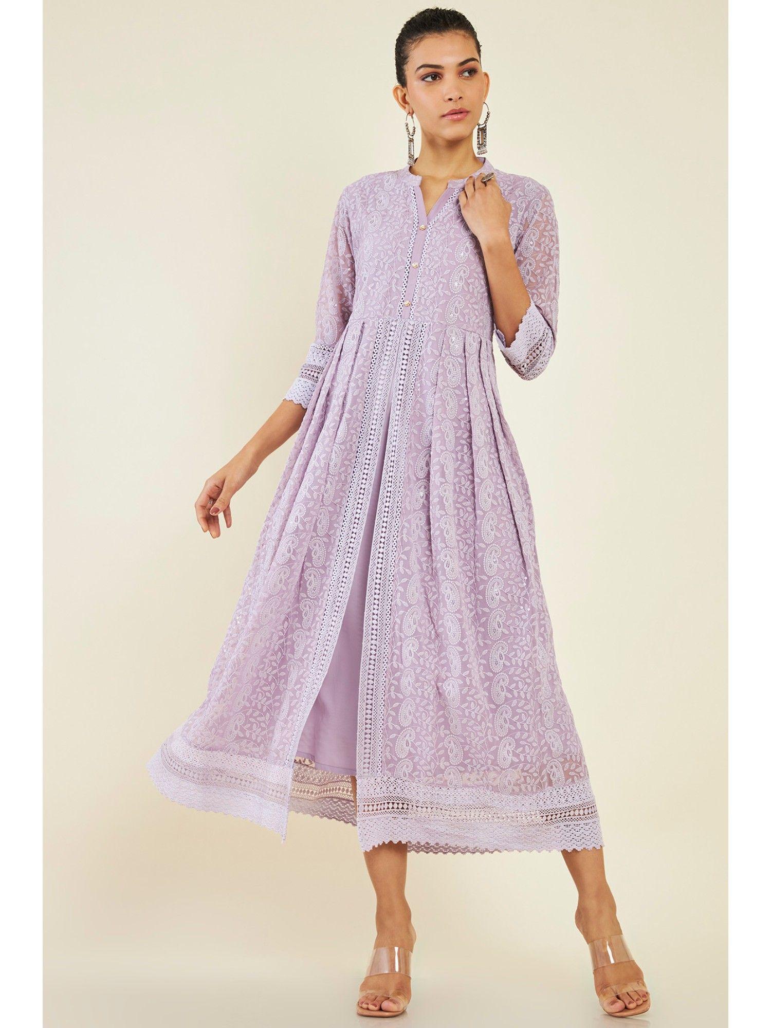 women purple georgette embroidered dress kurta