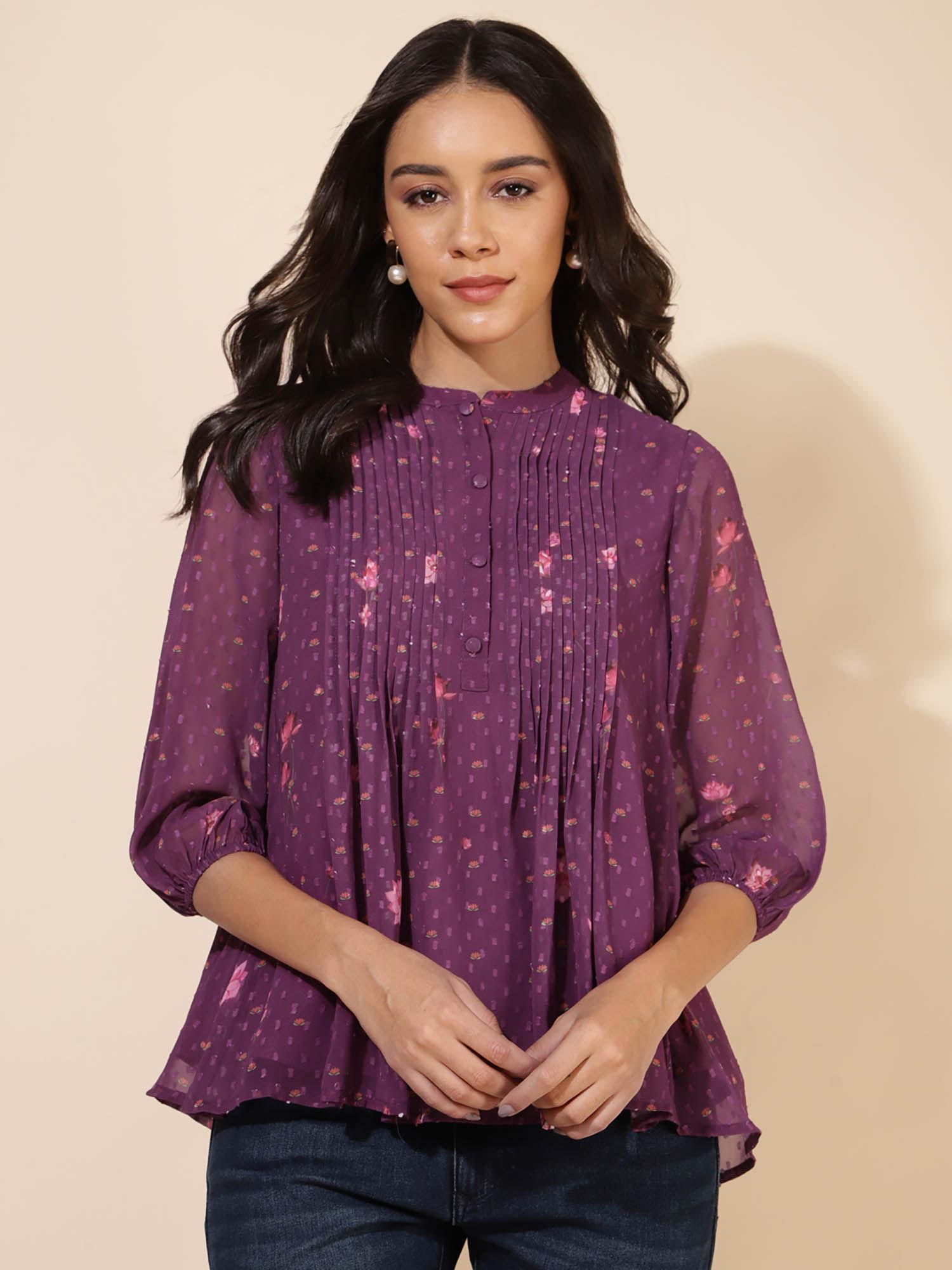 women purple georgette floral printed top