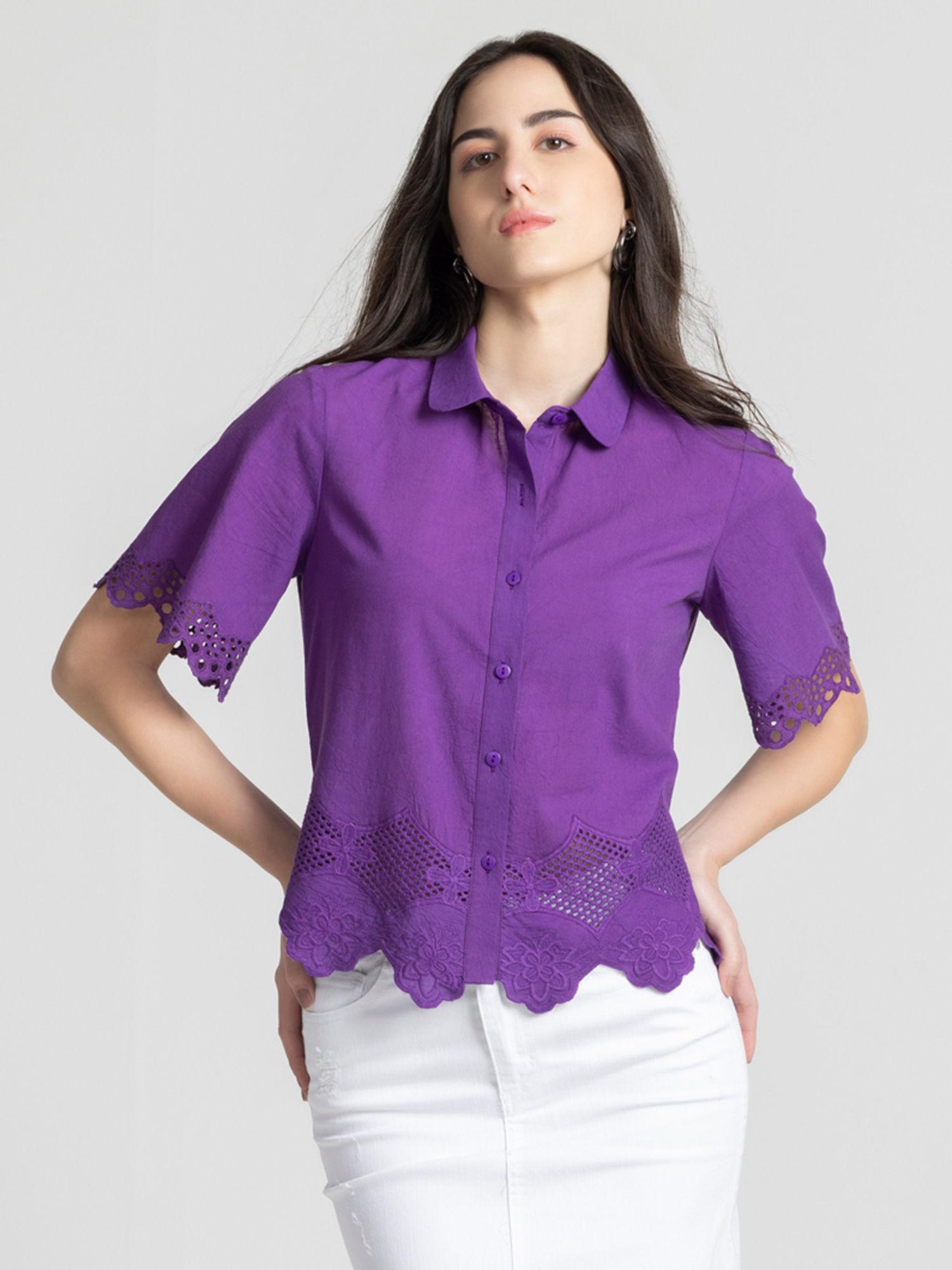 women purple half sleeves casual cotton schiffli lace shirt